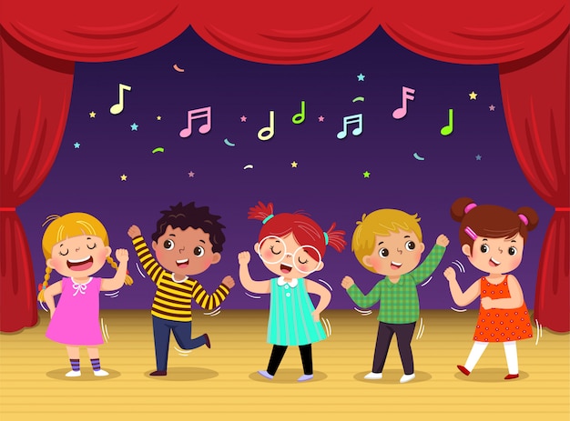 Plik wektorowy grupa dzieci tańczy i śpiewa piosenkę na scenie. wydajność dzieci.