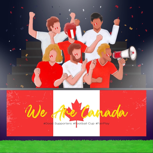 Plik wektorowy grupa fanów kanadyjskiej piłki nożnej kibicuje i wspiera zwycięstwo swojej drużyny w katarze 2022