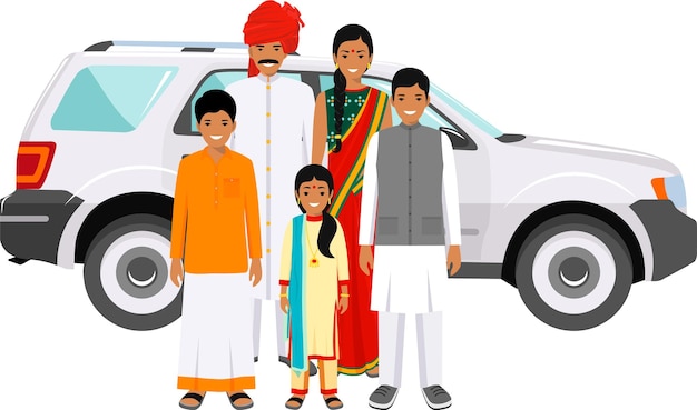 Plik wektorowy grupa indyjska kobieta mężczyzna i dzieci w tradycyjnych strojach narodowych stojących razem w pobliżu samochodu