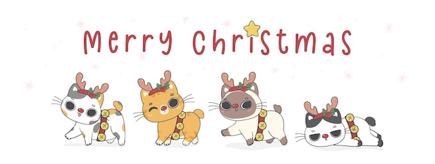 Grupa ładny kotek koty z Chirstmas poroża renifera kreskówka rysunek ręka Wesołych Świąt płaskie ilustracja wektor transparent