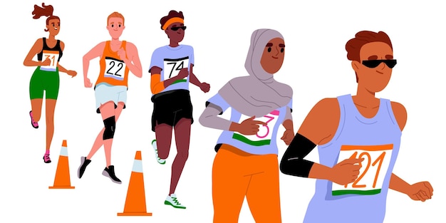 Grupa Ludzi Biegających W Wyścigu, Tłum Szczęśliwych Sportowców Na Maratonie Młodych Sportowców Biegających I