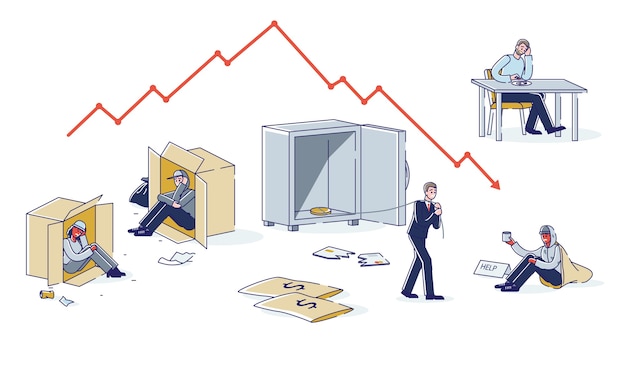 Plik wektorowy grupa ludzi z problemami finansowymi, bankrutów, żebraków i bezdomnych, tracących pracę i mieszkających na ulicy