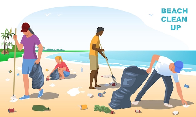 Plik wektorowy grupa mężczyzn i kobiet z workami na śmieci zbierający śmieci na wybrzeżu dba o ludzi