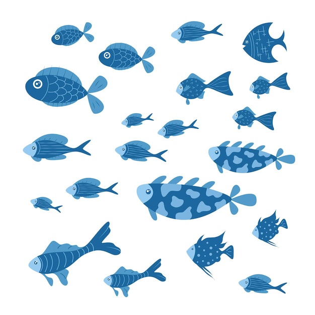 Plik wektorowy grupa niebieskich ryb morskich ławica ryb wyciągnąć rękę zestaw dużych i małych ryb morskich cartoon znaków morskich jest izolowana na białym tle ilustracja wektorowa środowiska podwodnego