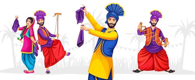 Grupa pendżabskich postaci tańczących z okazji festiwali takich jak Lohri i Baisakhi