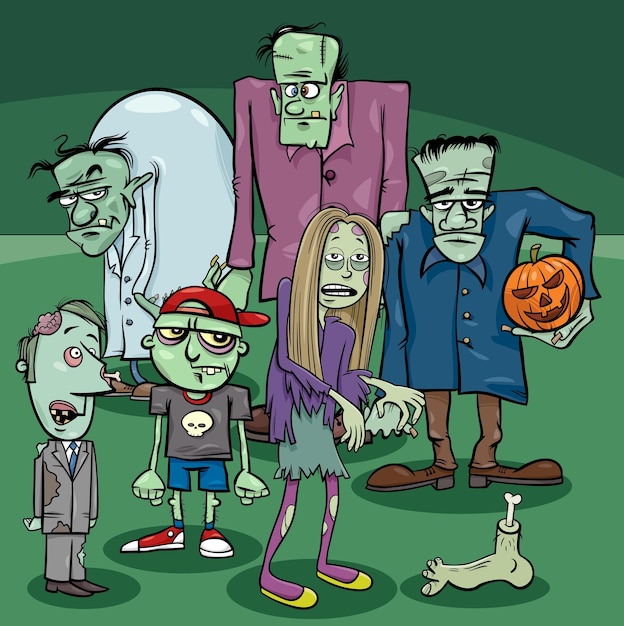 Plik wektorowy grupa postaci z kreskówek zombie w czasie halloween