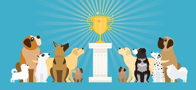 Plik wektorowy grupa ras psów patrząca na trofeum na zwycięzcy podium