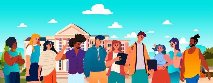 Wektor grupa studentów mieszanej rasy stojąca razem w pobliżu budynku uniwersyteckiego koncepcja edukacji ilustracja wektorowa pozioma