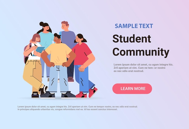 grupa studentów rasy mieszanej stojących razem i dyskutujących podczas spotkania koncepcja edukacji społeczności studenckiej pozioma ilustracja wektora przestrzeni kopii