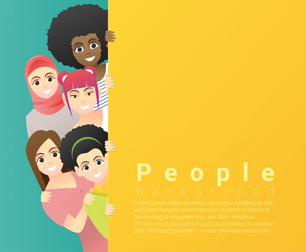 Plik wektorowy grupa szczęśliwe wielo- etniczne kobiety stoi za pustą kolorową deską