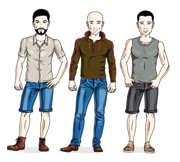 Plik wektorowy grupa szczęśliwych mężczyzn stojąca w przypadkowych ubraniach. wektor zestaw ilustracji osób. męskie postacie z motywem stylu życia.