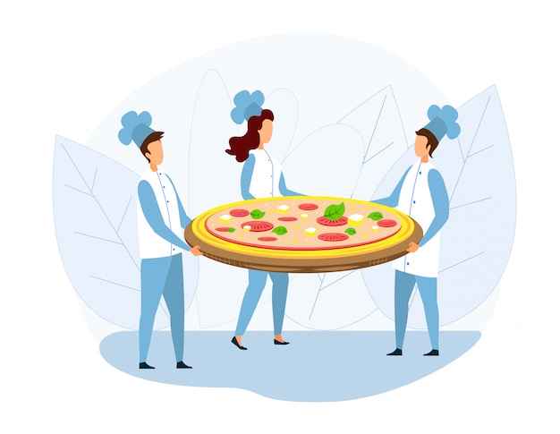Plik wektorowy grupa szefa kuchni trzyma ogromną pizzę na tacy metaforze