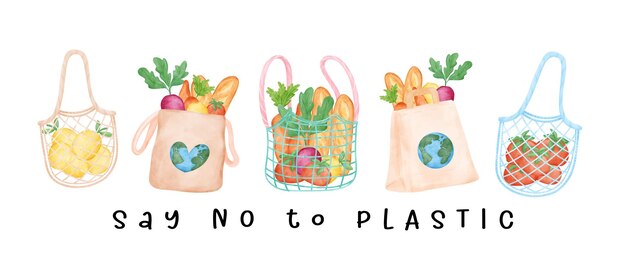 Grupa torby na zakupy wielokrotnego użytku EcoFriendly, pełnej świeżych warzyw, akwarela, rysunek, ilustracja, sztandar