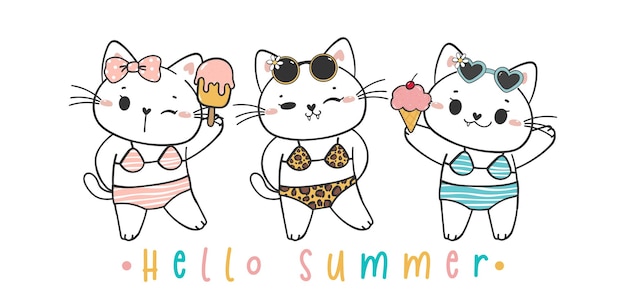Grupa Trzech ślicznych Zabawnych Letnich Kotów Kotów W Kolorowe Bikini Kreskówka Doodle Zwierzę Zwierzę Ręcznie Rysowane Wektor