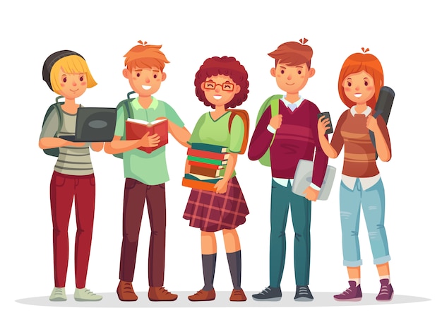 Grupa uczniów szkół średnich. Nastolatki z postaciami z kreskówek w plecaku szkolnym