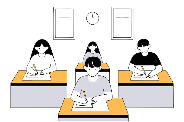 Grupa uczniów zdaje egzamin Wektorowa ilustracja płaska