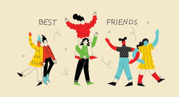 Plik wektorowy grupa uśmiechniętych kobiet cieszących się przyjaźnią szczęśliwe przyjaciółki razem ilustracja wektorowa