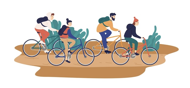 Plik wektorowy grupa uśmiechniętych młodych przyjaciół, jazda na rowerach razem wektor ilustracja płaskie. kolorowy mężczyzna i kobieta podczas turystycznej wycieczki rowerowej na białym tle. osoby korzystające z aktywności na świeżym powietrzu.