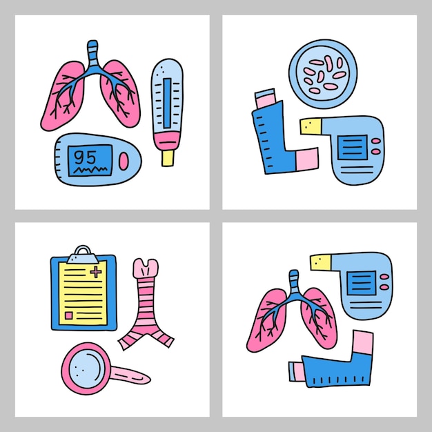 Plik wektorowy grupy doodle kolorowych elementów pulmonologicznych