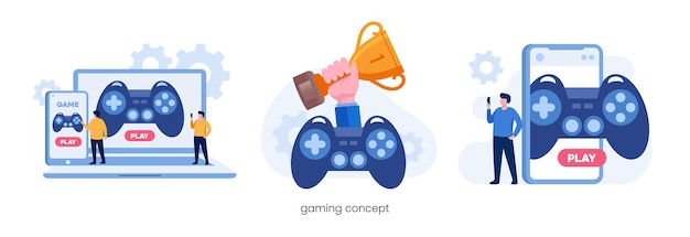Gry online z gadżetem. technologia e-sportowa. Płaska ilustracja wektorowa