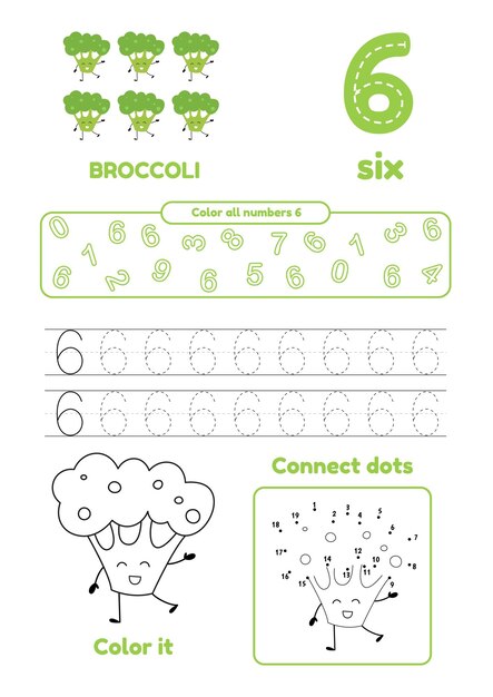 Gry rekreacyjne dla dzieci w wieku przedszkolnym na jednej stronie Połącz kropki, pokoloruj i naucz się liczby sześć