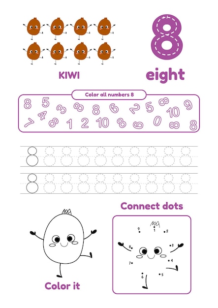 Gry rekreacyjne dla dzieci w wieku przedszkolnym na jednej stronie Połącz kropki z kolorami i naucz się cyfry osiem