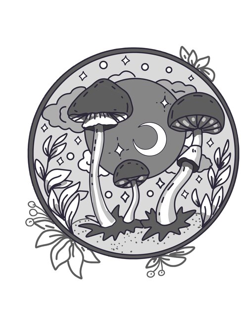Grzyby mistyczne magiczne grafiki ręcznie rysowane księżyce gwiazdy tarot intuicja latać agarics grzyby
