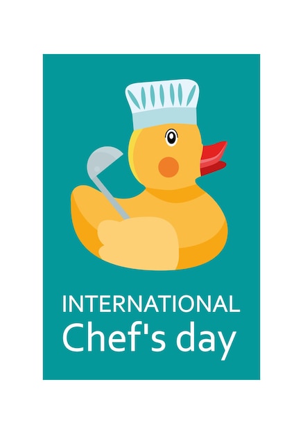Gumowa kaczka z okazji międzynarodowego dnia szefa kuchni w czapce szefa kuchni i napisem gratulacyjnym