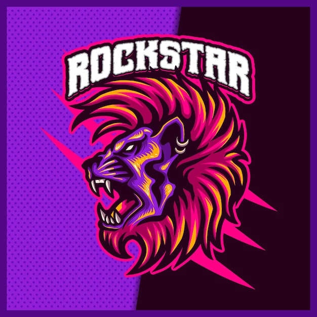 Gwiazda Rocka Lew Maskotka Esport Projekt Logo Ilustracje Szablon Wektor, Logo Tygrysa Do Gry Zespołowej Streamer Youtuber Banner Twitch Discord, Kolorowy Styl Kreskówki