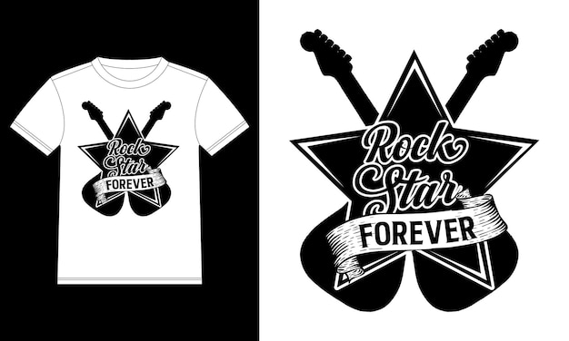 Plik wektorowy gwiazda rocka na zawsze ręcznie rysowane napis z wstążką gitary. projekt koszulki z plakatem festiwalu rockowego
