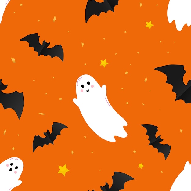 Gwiazdy duchy i nietoperze na pomarańczowym tle Halloween bezszwowy wzór