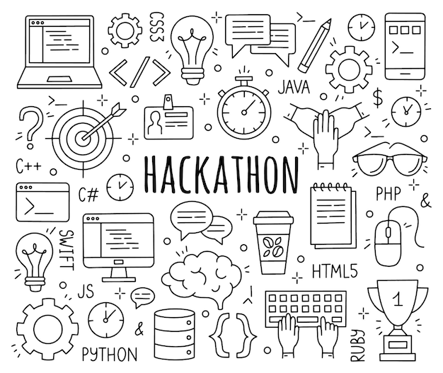 Plik wektorowy hackathon zestaw ikon stylu doodle dla programistów i programistów