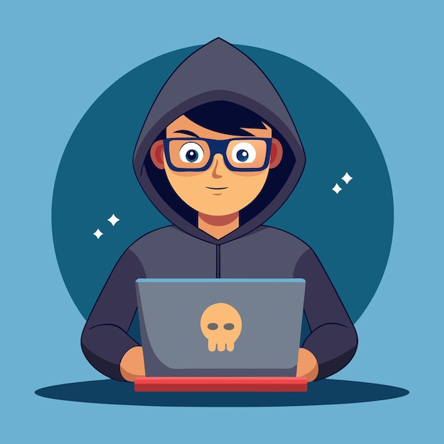 Hacker obsługujący komputer przenośny Ilustracja ikony kreskówki