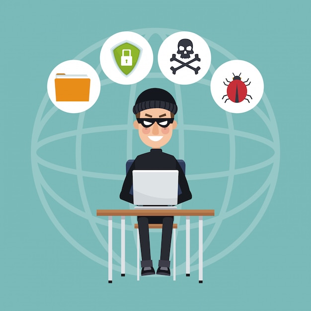 Hacker z laptopem i symbolami systemu bezpieczeństwa