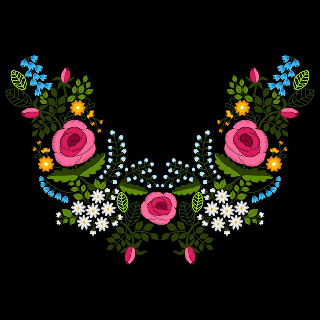 Plik wektorowy haft linii szyi z polne kwiaty i róże, ilustracja.
