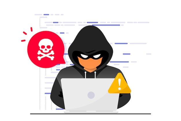 Haker Cyberprzestępca kradnący dane osobowe użytkownika laptop