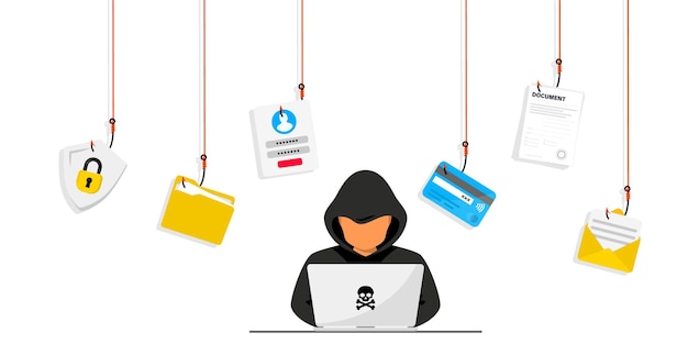 Haker I Cyberprzestępcy Phishing Kradną Prywatne Dane Osobowe, Login Użytkownika, Hasło, Dokument, Adres E-mail I Kartę Kredytową. Phishing I Oszustwa, Oszustwa Internetowe I Kradzieże. Haker Siedzący Przy Pulpicie
