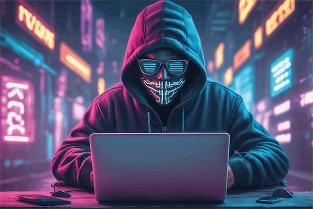 Plik wektorowy haker w kapturze z laptopem haker w kapturze z laptopem cyber haker w bluzie z kapturem z laptopem o
