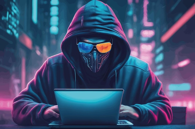 Plik wektorowy haker z koncepcją cyberbezpieczeństwa haker z koncepcją cyberbezpieczeństwa haker w masce z komputerem