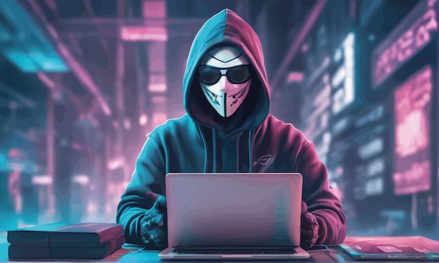 Plik wektorowy haker z laptopem i maską haker z laptopem i maską haker w czarnej bluzie korzysta z laptopa