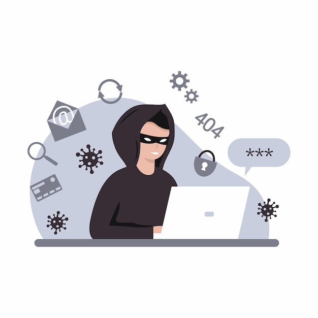 Haker z laptopem łamie hasło. Ochrona danych i informacje poufne. Ochrona Internetu. Oszustwa i przestępczość internetowa. Wirus komputerowy.