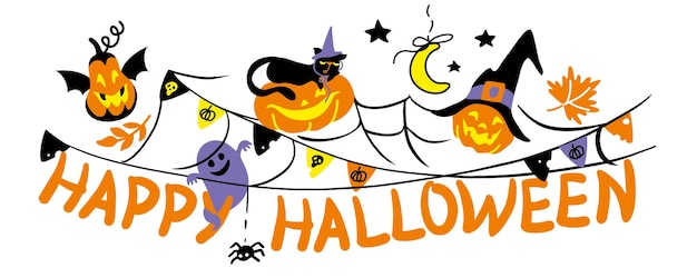 Halloween Baner Impreza Z Okazji Halloween Duch Czarny Kot Dynia Pajęczyna Napis Kids Party