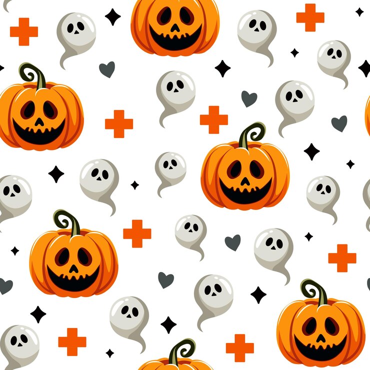 Wektor halloween bezszelestny wzór z uśmiechniętymi pomarańczowymi dyniami duchy krzyże serca i symbol medyczny