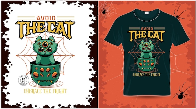 Halloween Cat and Spider T-shirt cytat Unikaj kota Przyjmij strach