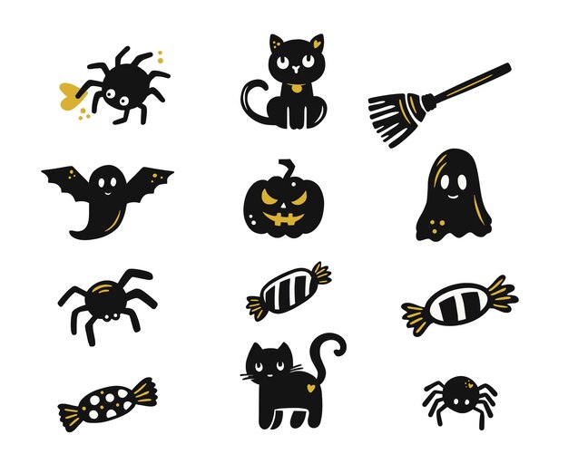 Halloween Clipart Set z uroczymi kotami pająkami dyniami i nietoperzami w zabawnej ilustracji wektorowej