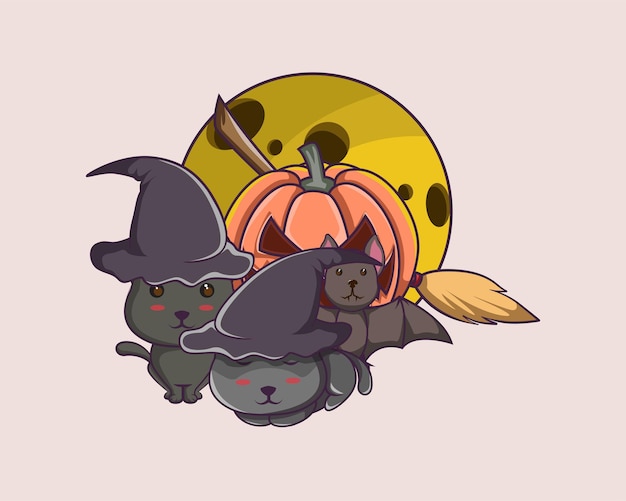 Halloween czarny kot, nietoperz, żółty księżyc, miotła na plakat, logo, maskotka