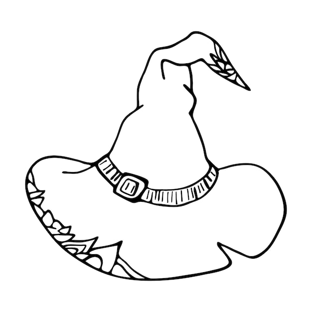 Plik wektorowy halloween czarownica kapelusz czarno-białe doodle szkic liniowy. ilustracja wektorowa rysunek ręka
