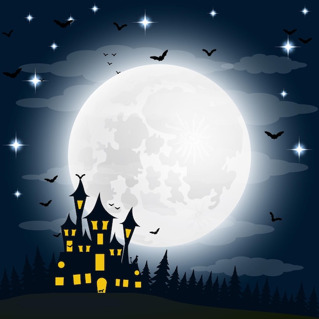 Halloween dom czarownicy na wektorze pełni księżyca