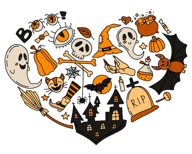 Plik wektorowy halloween doodle heart collage cyfrowy ręcznie rysowane zestaw