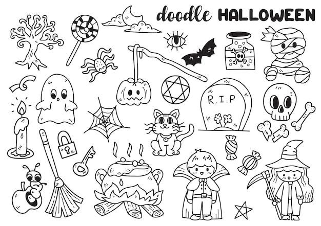 Halloween Doodle Obiektów Wektorowych Ilustracji Na Baner